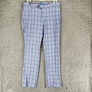 Paisley & Gray Pants Mens 32x32 Blue Plaid Linen Blend Slim Fit *NWT*